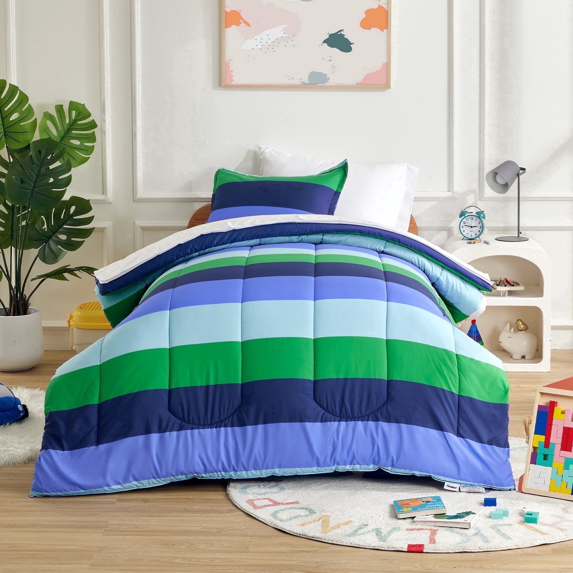 Sonive 7 Pieces Full/Queen Size Kids Comforter Sets , Hotel Collection for All Season, Advanced Digital Printing, Super Soft and Fluffy (Blue Green Rugby Stripe, Full/Queen)