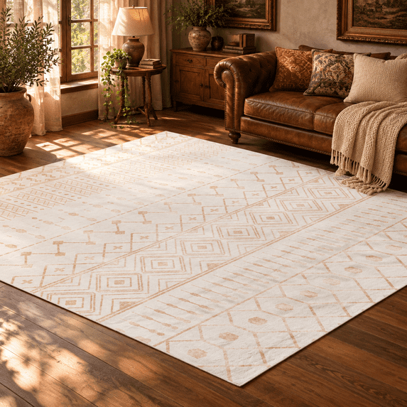 Sonive Beige Boho Area Rug 6ft x 9ft, Low Pile Non Slip, Accent Rugs for Living Room Bedroom