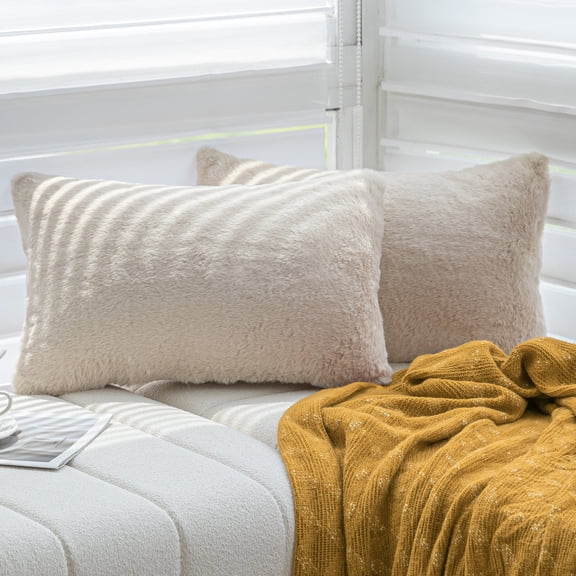 Sonive 2 Pack Throw Pillow Cover 12" x 20", Fur Dual Decorative Fuzzy Cushion Cases, Beige