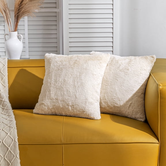 Sonive 2 Pack Faux Rabbit Fur Dual Texture Throw pillow cover 18"×18", Decorative Furry Fuzzy Pillow Shams with Invisible Zipper Bedroom Living Room, Beige