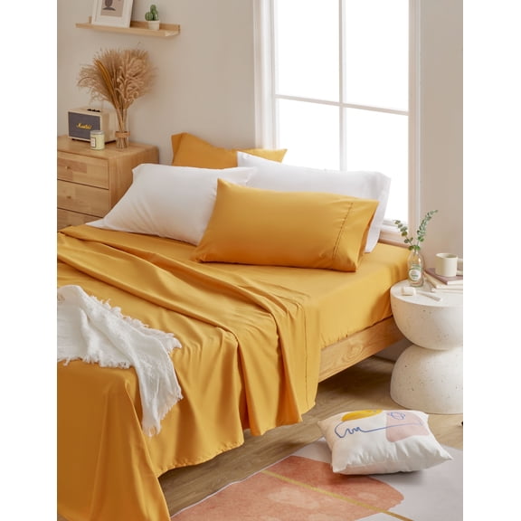 Sonive 4 Pieces King Size Bed Sheet Set, Coolest-Comfort Breathable Nano90g Solid Color Microfiber Bed Sheet set (King, Orange)