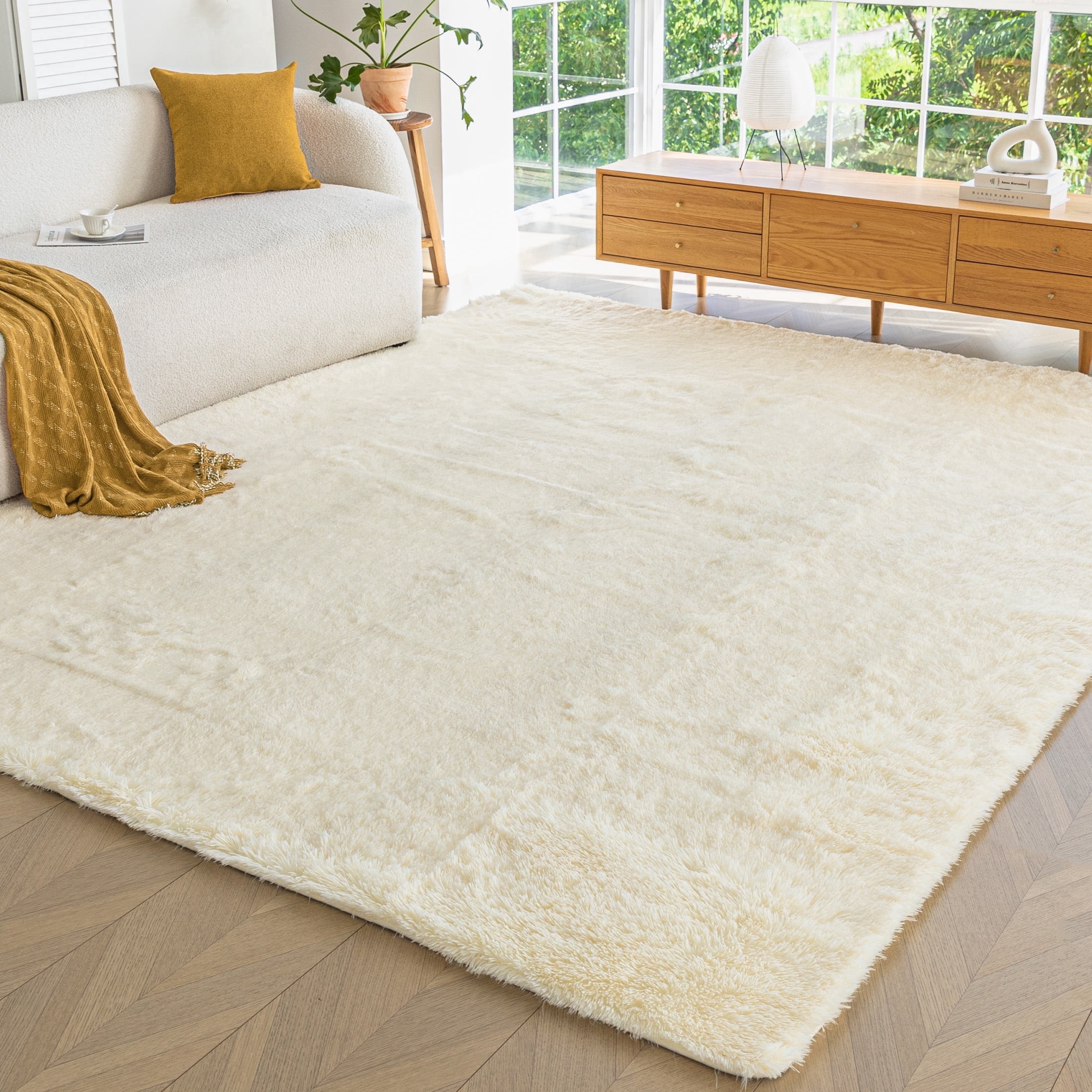 Sonive 4R Feet Fluffy Shaggy Area Rug, Washable Rug Modern Soft Large Neutral Non-Slip for Bedroom Dining Living Room, Beige