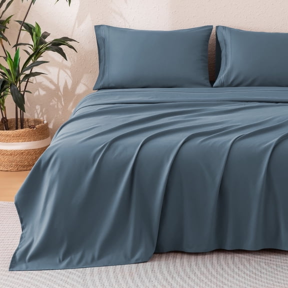 Sonive Hotel Collection Minimalist Bedding Set Twin Size Flint Stone Blue, 3 Pcs Lightweight Breathable Embroidered Sheets and Pillowcases All-Season