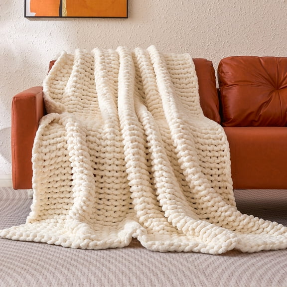 Sonive Ivory Throw Blanket, Chunky Velvet Knit Warm Soft Handmade Circular Throw Blankets for Couch Bed Sofa, 60" × 80"