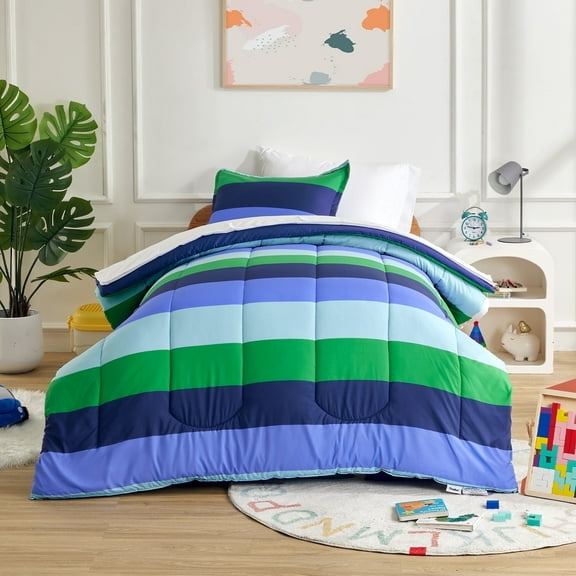Sonive 5 Pieces Twin Size Kids Comforter Sets for Boys/Girls, Hotel Collection for All Season, Advanced Digital Printing, Super Soft and Fluffy (Blue Green Rugby Stripe, Twin)