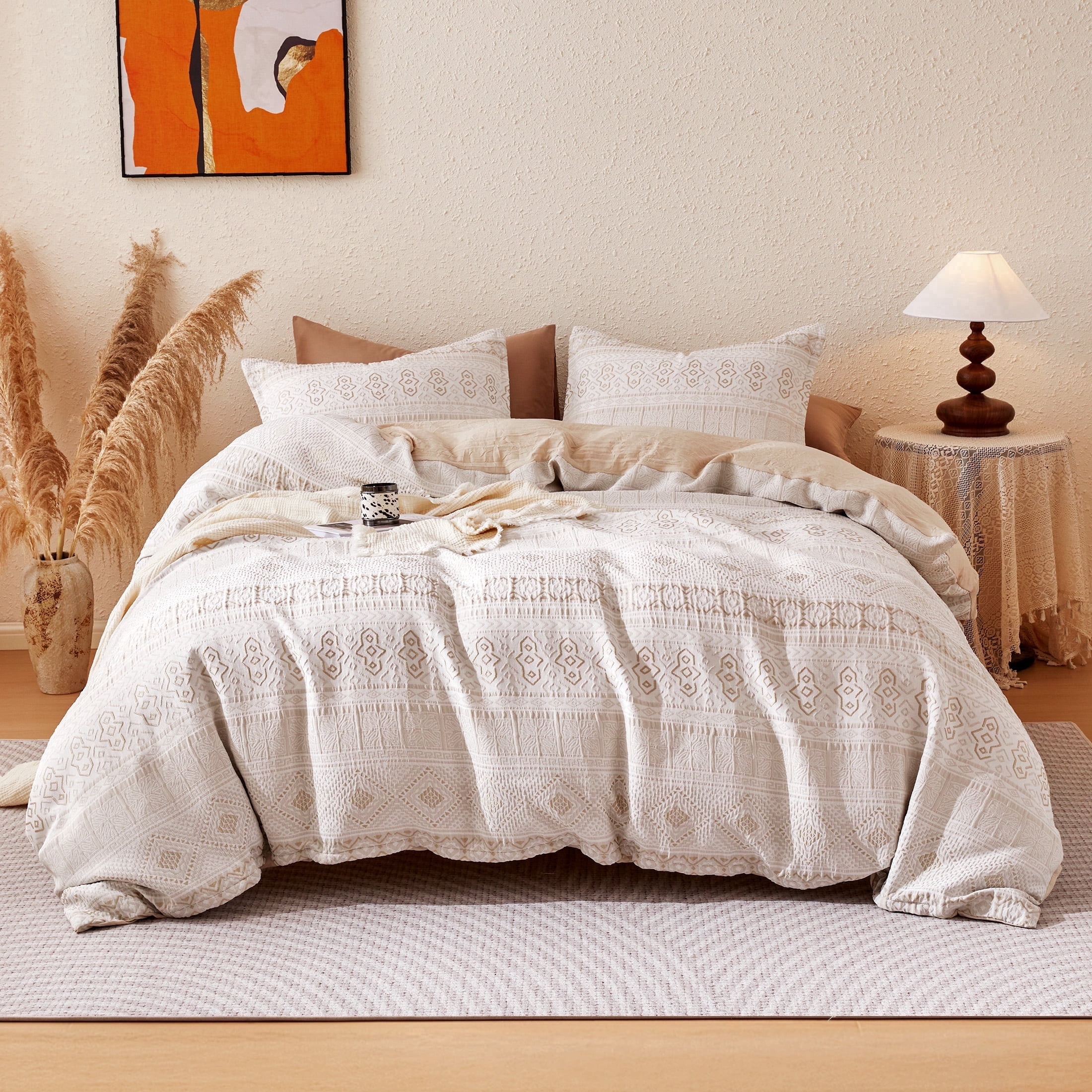 Sonive Boho Duvet Cover Set Modern Classic Beige Woven Jacquard Duvet Cover Set, Queen