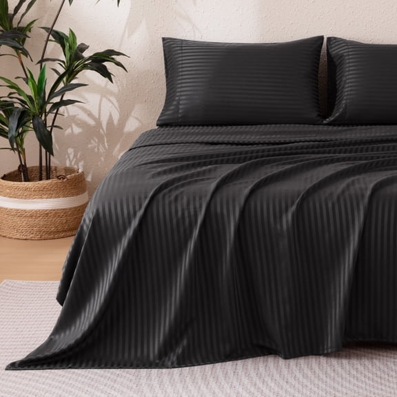 Sonive Striped Satin Jacquard Sheet Set Full Size Black, 4 Pcs Luxury Silky Bedding Set with Deep Pocket for Mattress