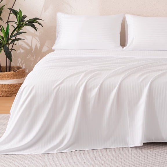 Sonive Striped Satin Jacquard Sheet Set Queen Size White, 4 Pcs Luxury Silky Bedding Set with Deep Pocket for Mattress