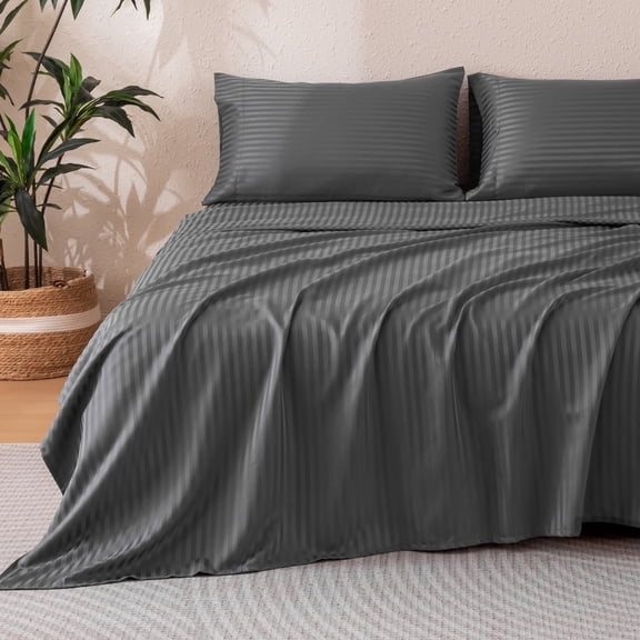 Sonive Striped Satin Jacquard Sheet Set Twin Size Gray, 3 Pcs Luxury Silky Bedding Set with Deep Pocket for Mattress