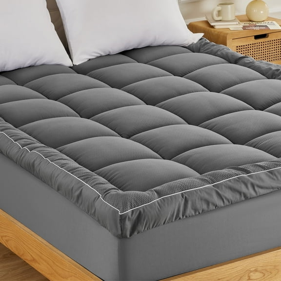 Sonive Ultra Thick Mattress Topper, Pillow-Top Fluffy Soft Breathable, Box Quilted Pad with Premium 1000gsm Alternative Filling, Noiseless & Hotel Quality (Grey Twin)