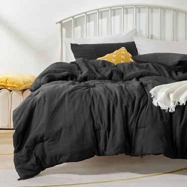 Sonive Washed Comforter Sets Queen 3 Piece, Soft and Cozy, Fluffy Microfiber Fill, Washed Textured Wrinkled Design (Black, Queen)