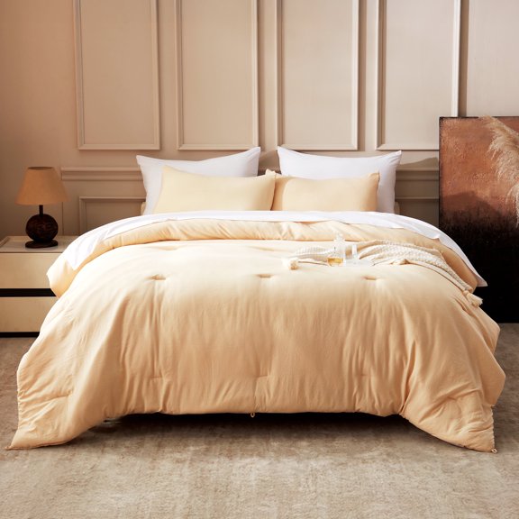 Sonive Washed Comforter Set Full Size - 3 Pieces Soft Luxury Cationic Dyeing Bedding Sets, Linen-Like Texture Breathable Wrinkle Bed Sets, Beige
