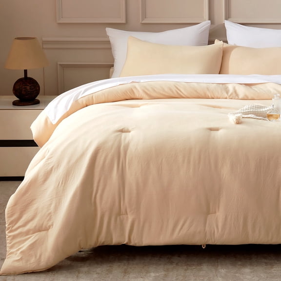Sonive Washed Comforter Set King Size - 3 Pieces Soft Luxury Cationic Dyeing Bedding Sets, Linen-Like Texture Breathable Wrinkle Bed Sets, Beige