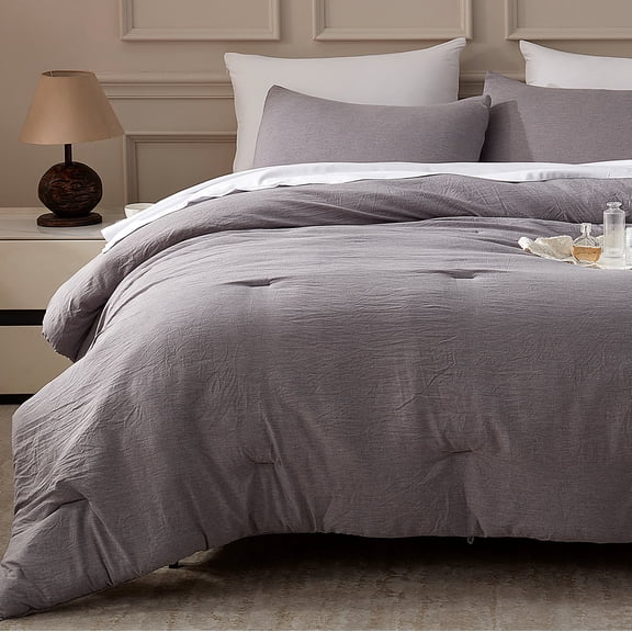 Sonive Washed Comforter Set Full Size - 3 Pieces Soft Luxury Cationic Dyeing Bedding Sets, Linen-Like Texture Breathable Wrinkle Bed Sets, Dark Grey