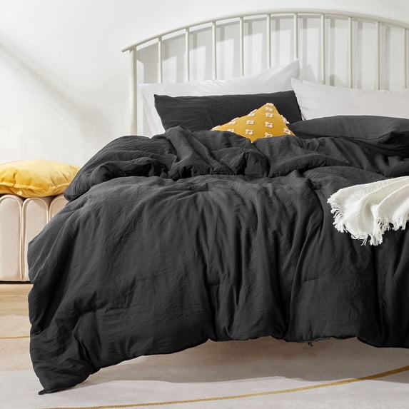 Sonive Washed Comforter Sets Full 3 Piece, Soft and Cozy, Fluffy Microfiber Fill, Washed Textured Wrinkled Design (Black)