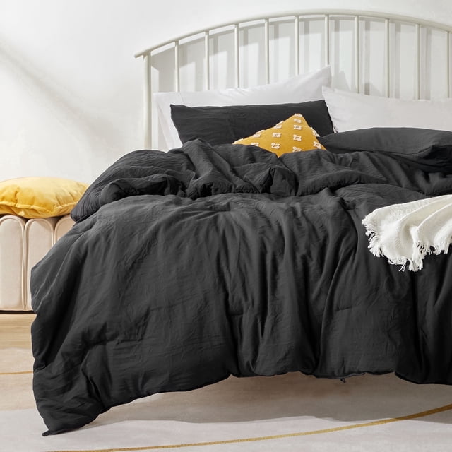 Sonive Washed Comforter Sets Full 3 Piece, Soft and Cozy, Fluffy Microfiber Fill, Washed Textured Wrinkled Design (Black)