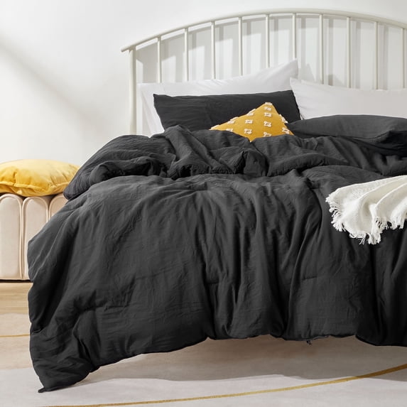 Sonive Washed Comforter Sets Full 3 Piece, Soft and Cozy, Fluffy Microfiber Fill, Washed Textured Wrinkled Design (Black, Full)