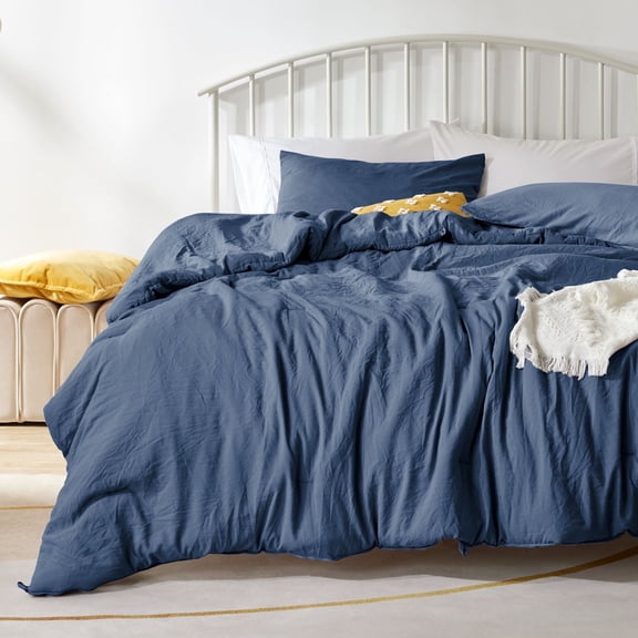 Sonive Washed Comforter Sets Full 3 Piece, Soft and Cozy, Fluffy Microfiber Fill, Washed Textured Wrinkled Design (Navy, Full)