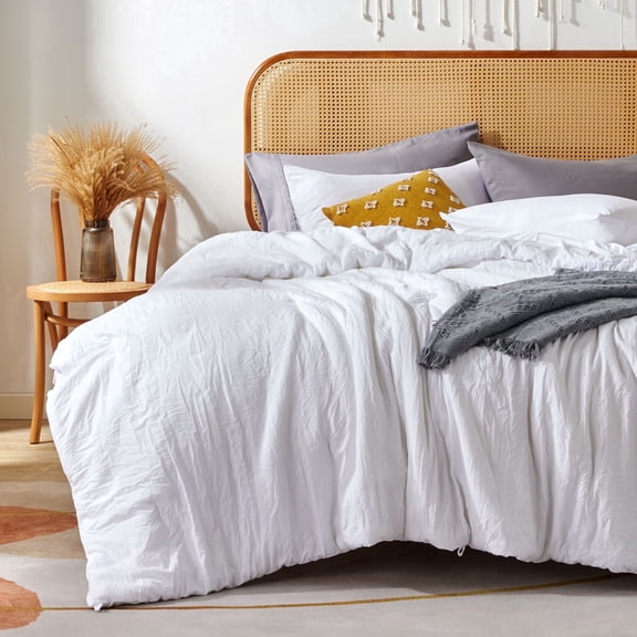 Sonive Washed Comforter Sets Full 3 Piece, Soft and Cozy, Fluffy Microfiber Fill, Washed Textured Wrinkled Design (White,)