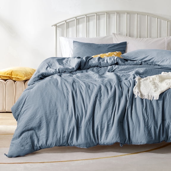 Sonive Washed Comforter Sets Queen 3 Piece, Soft and Cozy, Fluffy Microfiber Fill, Washed Textured Wrinkled Design (Flint Stone Blue)