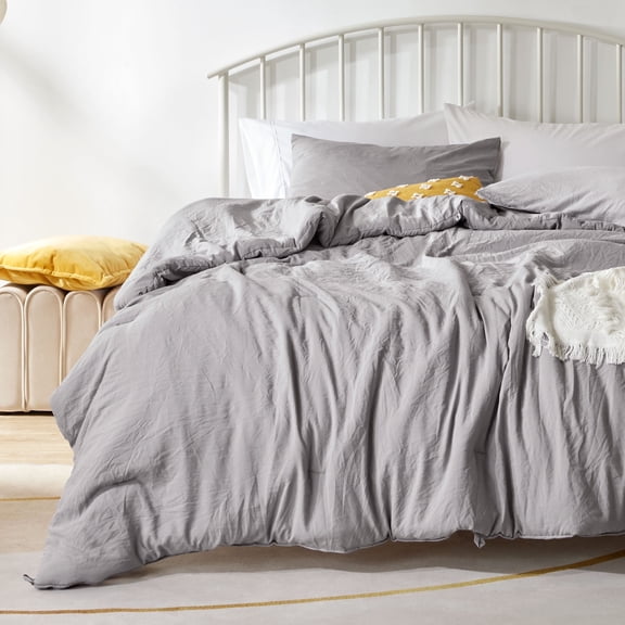 Sonive Washed Comforter Sets Queen 3 Piece, Soft and Cozy, Fluffy Microfiber Fill, Washed Textured Wrinkled Design (Gull Grey, Queen)
