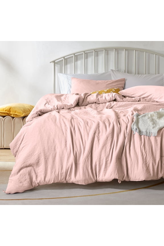 Washed Comforter Sets Queen 3 Piece, Soft and Cozy, Fluffy Microfiber Fill, Washed Textured Wrinkled Design (Rose pink)