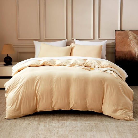 Sonive Washed Duvet Cover Set Full Size - 3 Pieces Soft Luxury Cationic Dyeing Bedding Comforter, Linen-Like Texture Breathable Wrinkle Bed Sets, Beige