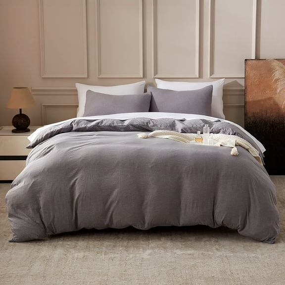 Sonive Washed Duvet Cover Set Full Size - 3 Pieces Soft Luxury Cationic Dyeing Bedding Comforter, Linen-Like Texture Breathable Wrinkle Bed Sets, Dark Grey