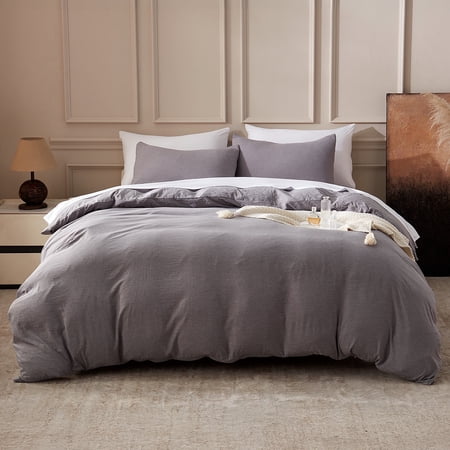 Sonive Washed Duvet Cover Set Queen Size - 3 Pieces Soft Luxury Cationic Dyeing Bedding Comforter, Linen-Like Texture Breathable Wrinkle Bed Sets, Dark Grey