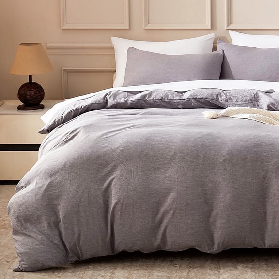 Sonive Washed Duvet Cover Set Queen, Linen-Like 3 Pieces Soft Breathable Bedding set, Dark Grey