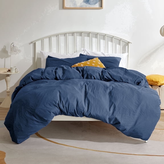 Sonive Washed Duvet Cover Set Full, 3 Pieces Soft Cozy Textured Wrinkled Bedding Set, Navy