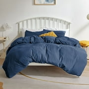 Sonive Washed Duvet Cover Set Full, 3 Pieces Soft Cozy Textured Wrinkled Bedding Set, Navy