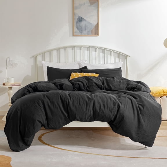 Sonive Washed Duvet Cover Set King, 3 Pieces Soft Cozy Textured Wrinkled Bedding Set, Black