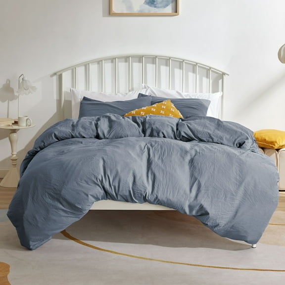 Sonive Washed Duvet Cover Sets King 3 Piece, Soft and Cozy, Washed Textured Wrinkled Design (Flint Stone Blue, King)