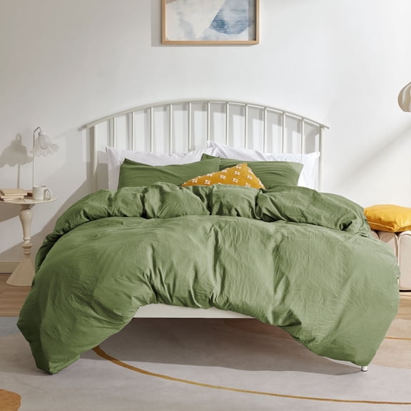 Sonive Washed Duvet Cover Sets King 3 Piece, Soft and Cozy, Washed Textured Wrinkled Design (Loden Green, King)
