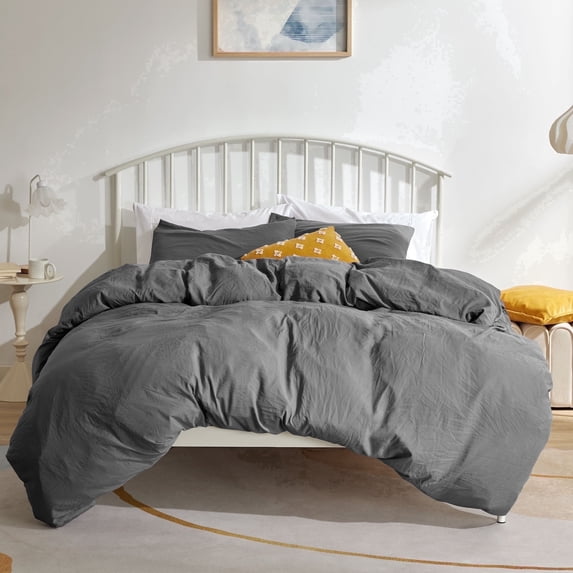 Sonive Washed Duvet Cover Set Queen, 3 Pieces Soft Cozy Textured Wrinkled Bedding Set, Dark Grey