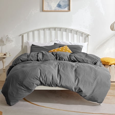 Sonive Washed Duvet Cover Set Queen, 3 Pieces Soft Cozy Textured Wrinkled Bedding Set, Dark Grey