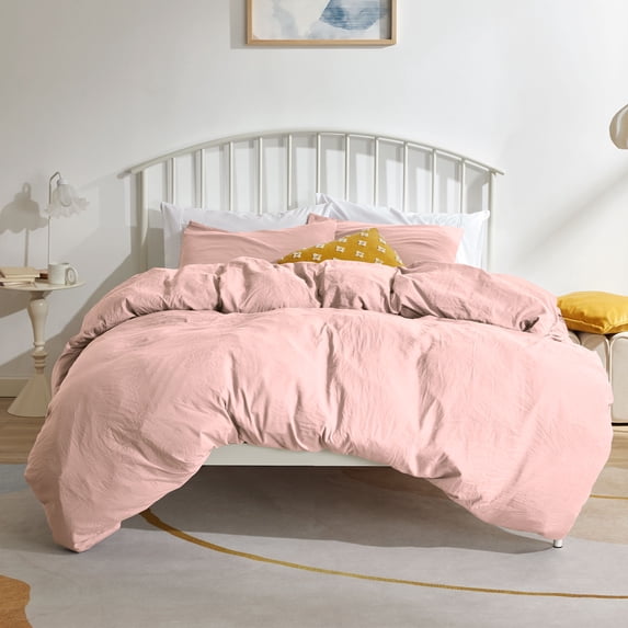 Sonive Washed Duvet Cover Set Queen, 3 Pieces Soft Cozy Textured Wrinkled Bedding Set, Rose pink