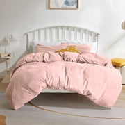 Sonive Washed Duvet Cover Set Queen, 3 Pieces Soft Cozy Textured Wrinkled Bedding Set, Rose pink