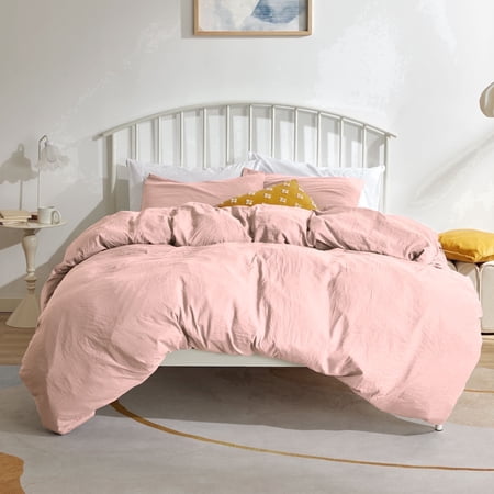 Sonive Washed Duvet Cover Set Queen, 3 Pieces Soft Cozy Textured Wrinkled Bedding Set, Rose pink
