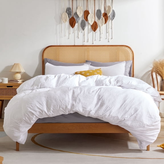 Sonive Washed Duvet Cover Sets Queen 3 Piece, Soft and Cozy, Washed Textured Wrinkled Design (White, Queen)