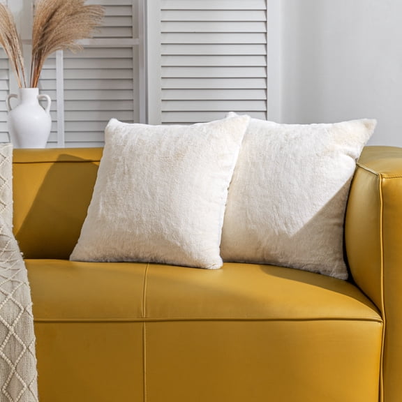 Sonive 2 Pack Faux Rabbit Fur Dual Texture Throw pillow cover 18"×18", Decorative Furry Fuzzy Pillow Shams with Invisible Zipper Bedroom Living Room, White