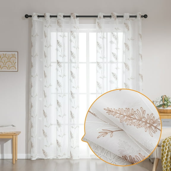 Sonive 2 Piece White Leaf Sheer Curtain, Botanical Embroidered Window Curtain Panels for Bedroom Living Room, 52" × 84"
