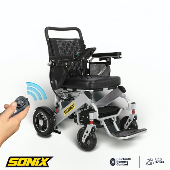 Sonix DX15 Electric Wheelchair Strong & Lightweight, Only 47lbs, Foldable, Airplane Ready, Leather Cushion, Deluxe Comfort, Long Range, Zero Turn Maneuverability, Electromagnetic Brake_Silver