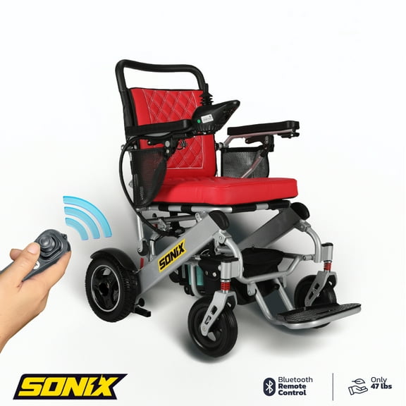 Sonix DX15 Electric Wheelchair Strong & Lightweight, Only 47lbs, Foldable, Airplane Ready, Leather Cushion, Deluxe Comfort, Long Range, Zero Turn Maneuverability, Electromagnetic Brake-Red