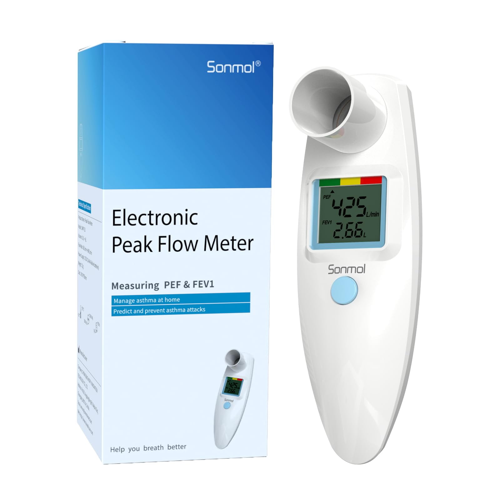 Sonmol Digital Peak Flow Meter for Adult Kids Portable PEF Forced Expiratory Volume FEV1 Lung Tester Home