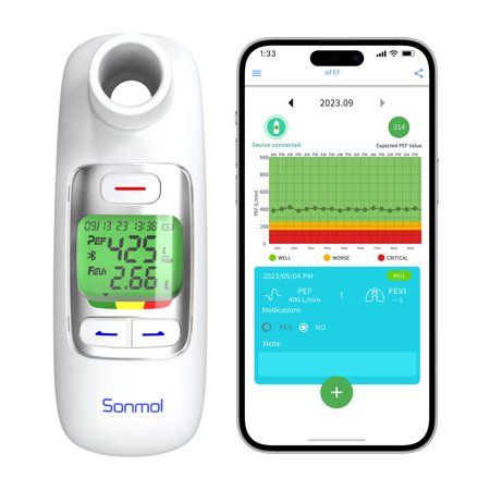 Sonmol Spirometer Testing Device with Risk Indicator, Portable Peak Flow Meter Test PEF & FEV1 for Kids Adults Asthma COPD & Other Lung Conditions Monitor, Free Tracking App Bluetooth Connection