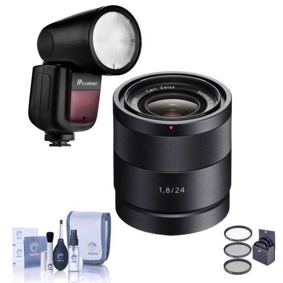 Sonnar T* E 24mm f/1.8 ZA Lens for Sony E, Bundle with Flashpoint Zoom Li-on X R2 TTL On-Camera Round Flash Speedlight, 49mm Filter Kit, Cleaning Kit