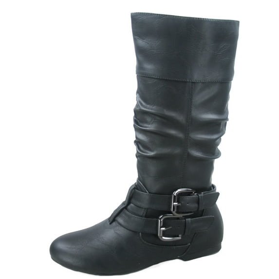 Sonny-54 Women's Caual Side Zip Buckles Slouch Flat Heel Mid Calf Round Toe Boots ( Black, 5.5)