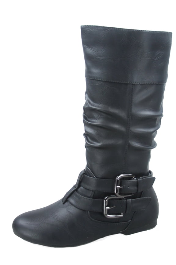 Sonny-54 Women's Caual Side Zip Buckles Slouch Flat Heel Mid Calf Round Toe Boots ( Black, 6)